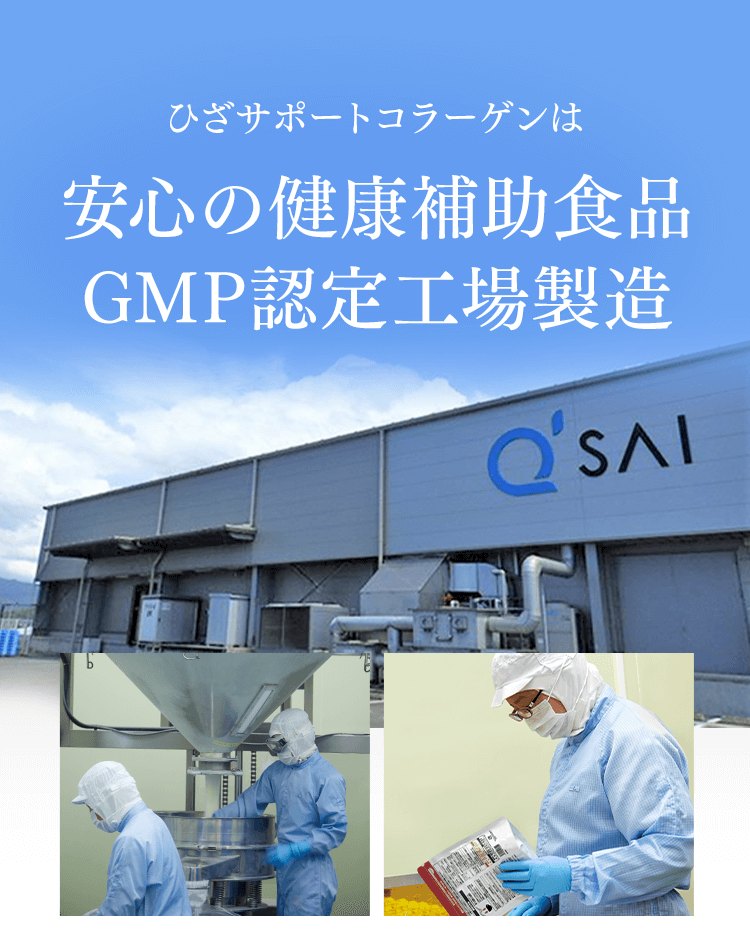 ひざサポートコラーゲンは安心の健康補助食品GMP認定工場製造（キューサイ工場）