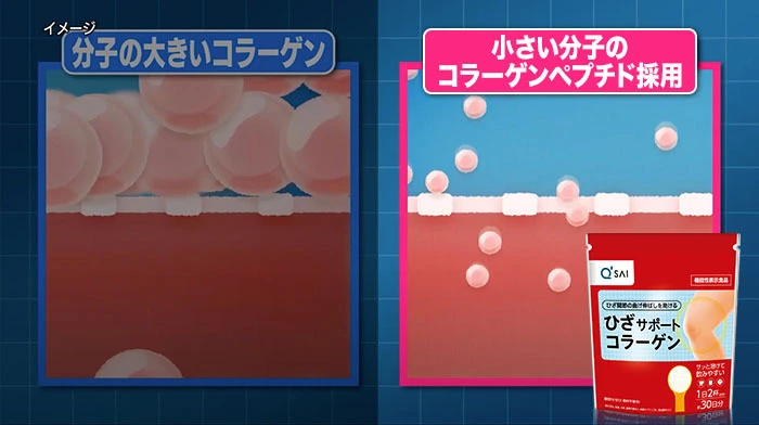 通常のコラーゲンと低分子コラーゲン（コラーゲンペプチド）の吸収イメージ比較