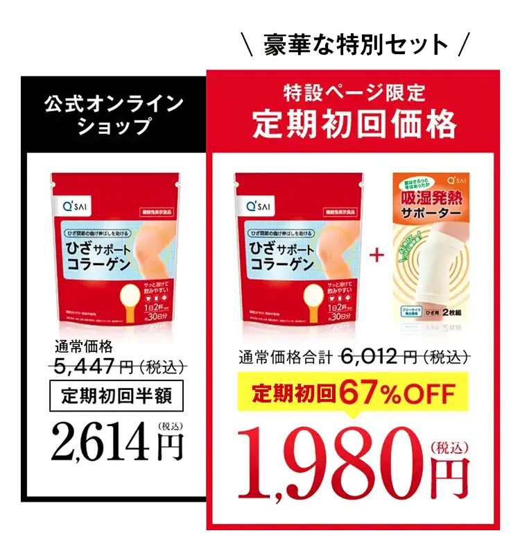 公式オンラインショップ 2,614円 vs 特設ページ限定 定期初回価格 1,980円（吸湿発熱サポーター付）